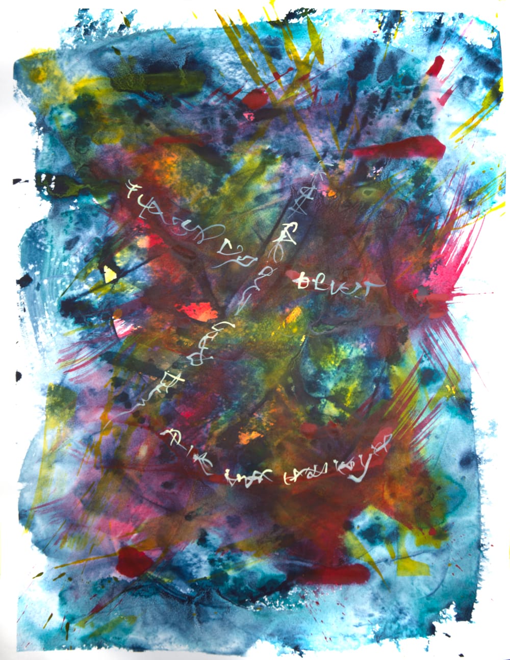 an abstract painting using asemic elements, signifying our artistic voice before we are aware of it