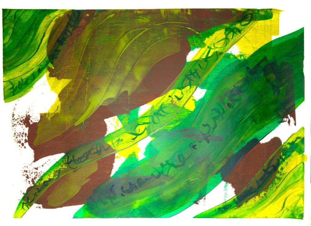 an abstract painting using asemic elements, signifying our artistic voice before we are aware of it