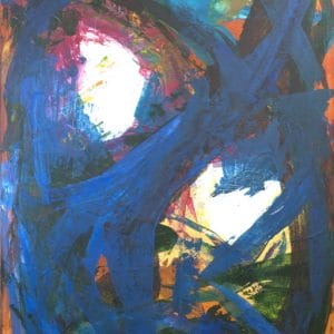 Abstract painting with bold, looping blue brushstrokes layered over warm orange, green, and red tones, punctuated by bright white shapes that create a dynamic, energetic composition with strong movement and contrast.