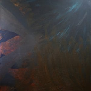 Dark abstract painting with layered, muted tones of deep blue, charcoal, and warm brown, featuring subtle angular forms and soft, sweeping brush marks that create a quiet, atmospheric sense of depth.