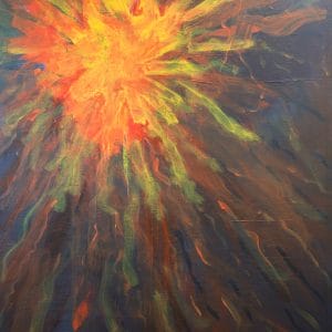 Abstract painting featuring a fiery, radiant burst of orange and yellow at the center, with streaks of green and red extending outward across a dark, textured background, conveying energy and expansion.