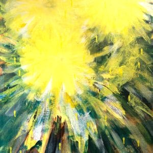 Abstract painting with radiant yellow bursts resembling sunlit blooms emerging from layered green, blue, and earth-toned brushstrokes, creating a luminous, energetic composition with upward movement.