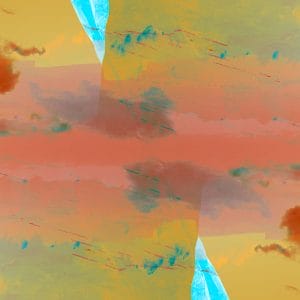 Abstract, mirrored landscape with warm yellow and coral tones layered with soft cloud forms, intersected by a vertical turquoise shape and subtle linear textures, creating a symmetrical, dreamlike composition.