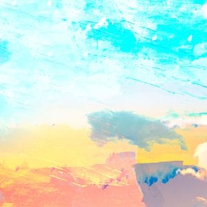 Abstract landscape with layered pastel colors—turquoise and pale blue textures above warm yellows, pinks, and oranges—suggesting sky, clouds, and distant mesas in a dreamlike, painterly composition.