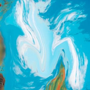 Abstract desert sky with swirling white cloud forms against a vivid turquoise background, intersected by painterly hints of rock and earth tones, creating a fluid, dreamlike sense of motion and energy.