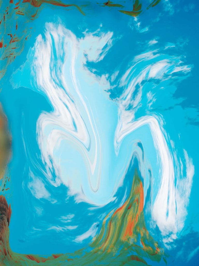 Abstract desert sky with swirling white cloud forms against a vivid turquoise background, intersected by painterly hints of rock and earth tones, creating a fluid, dreamlike sense of motion and energy.