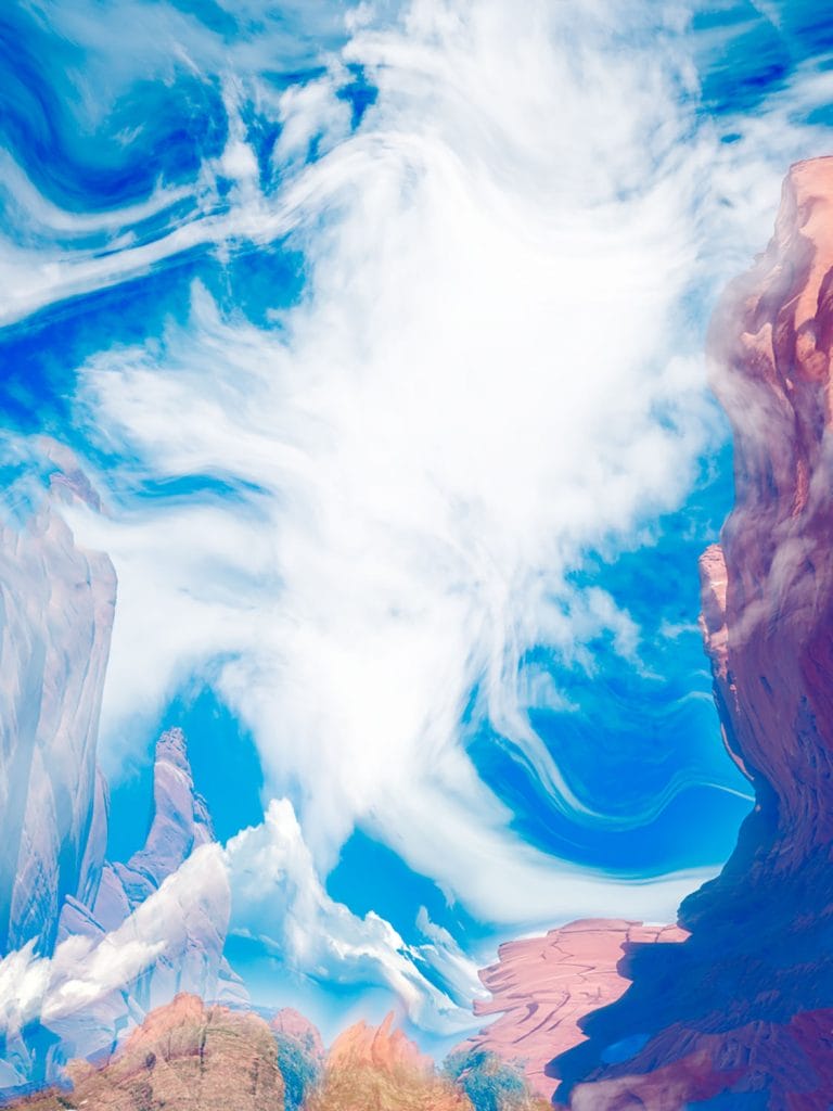 Abstract canyon landscape with swirling white clouds filling a bright blue sky, framed by layered sandstone cliffs in soft pinks and reds, creating a dynamic, dreamlike sense of motion and scale.