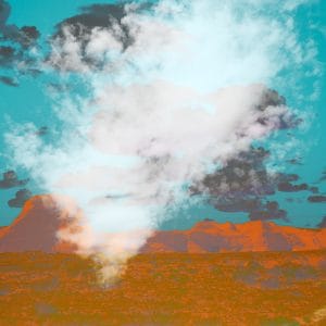 Abstract desert landscape with glowing orange mesas beneath a teal sky filled with layered clouds, featuring a luminous vertical plume of light and cloud at the center that creates a surreal, atmospheric effect.