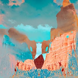 Abstract, symmetrical desert canyon scene with layered red and turquoise rock formations rising beneath a teal sky, mirrored vertically to create a surreal, monumental composition with soft clouds and painterly textures.