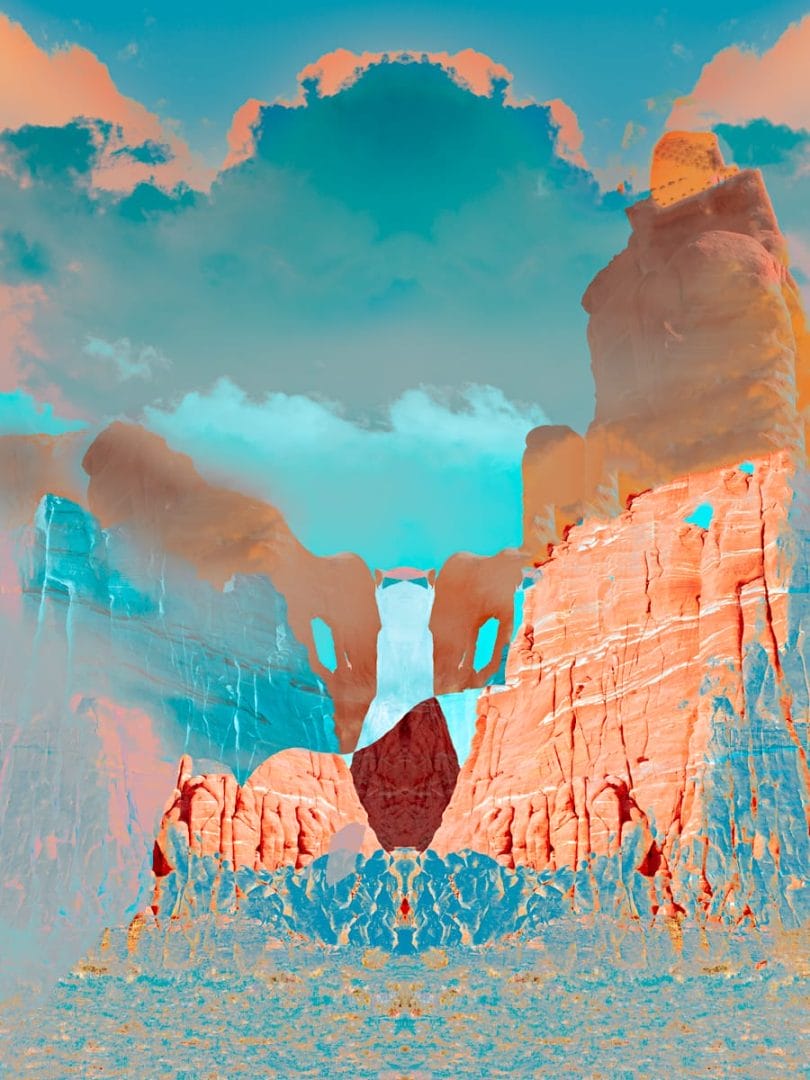 Abstract, symmetrical desert canyon scene with layered red and turquoise rock formations rising beneath a teal sky, mirrored vertically to create a surreal, monumental composition with soft clouds and painterly textures.