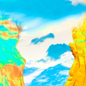 Abstract desert canyon scene with towering golden rock forms on either side framing a bright blue sky with soft clouds, rendered in saturated turquoise, yellow, and orange tones with painterly textures.