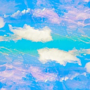 Abstract, mirrored sky composition with soft white clouds floating across bands of turquoise and blue, layered with pastel lavender textures and subtle linear marks creating a sense of movement and symmetry.