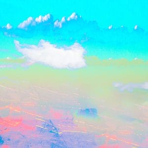 Abstract landscape with a turquoise sky, soft white clouds, and layered pastel tones transitioning from green and peach to blue and pink, with subtle linear textures suggesting distant mesas and atmospheric movement.