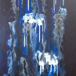 Abstract painting dominated by deep blues and charcoal tones, featuring vertical, dripping white forms and layered textures that create a moody, atmospheric composition with a sense of depth and downward movement.