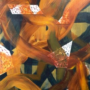 Abstract painting with layered, sweeping brushstrokes in warm browns, ochres, and deep green-blue tones, interspersed with small geometric shapes in copper and white, creating a rhythmic, textured composition.