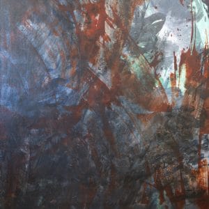 Abstract painting with layered blue-gray and charcoal tones overlaid by rust-red and teal marks, featuring sweeping arcs, splatters, and textured brushwork that create a dense, atmospheric composition.
